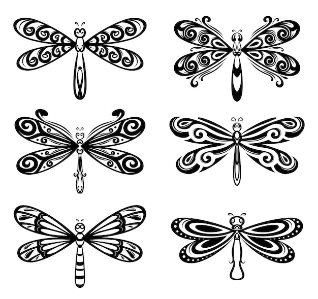 Collection of silhouettes dragonflies elegant for tattoo design of illustration