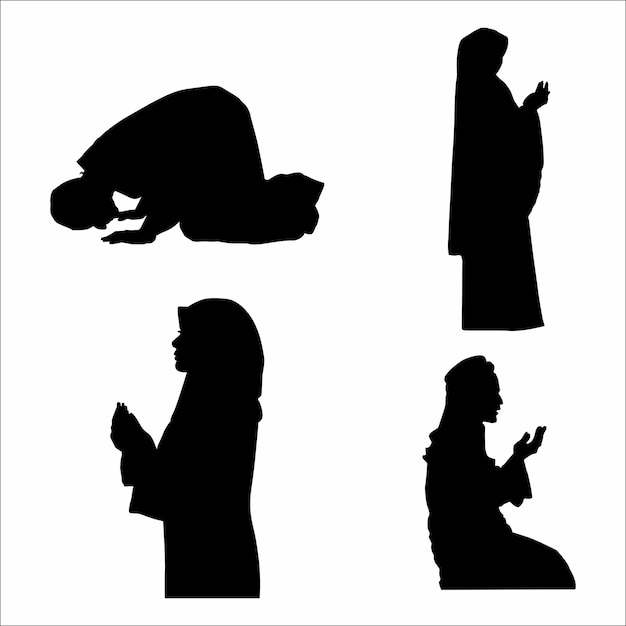 Vector a collection of silhouettes of muslims praying