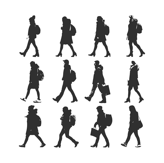 Vector collection silhouettes of people walking while carrying backpacks generative ai