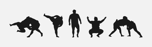 Vector collection of silhouettes sumo wrestling with different pose gesture isolated on white background