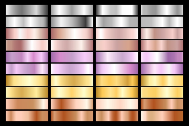 Collection of silver, chrome, gold, rose gold. bronze metallic and ultraviolet gradient. 