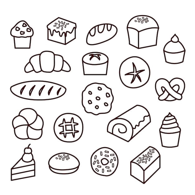 Collection of simple monochrome hand drawn elements for bakery