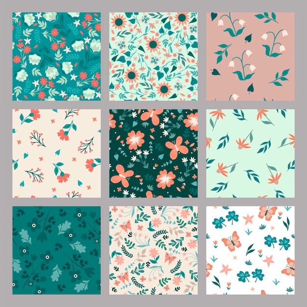 Collection of simple seamless patterns with flowers