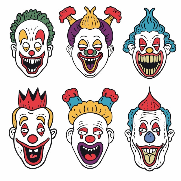 Collection six cartoon clown faces varying expressions hairstyles colorful makeup isolated white