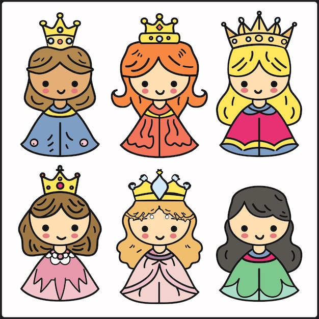 Collection six cartoon princess characters unique dress crown Princess illustrations feature