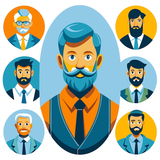 A collection of six diverse male avatars with different hairstyles facial hair and clothing