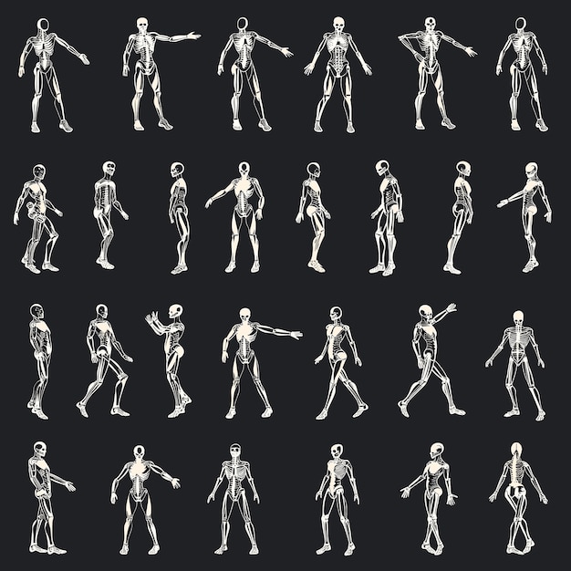 Vector a collection of skeleton skeleton figurines with a black background