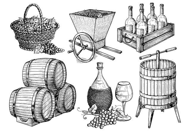 Collection sketch picture Wine set. Vector illustration