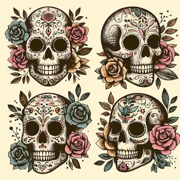 a collection of skulls and flowers