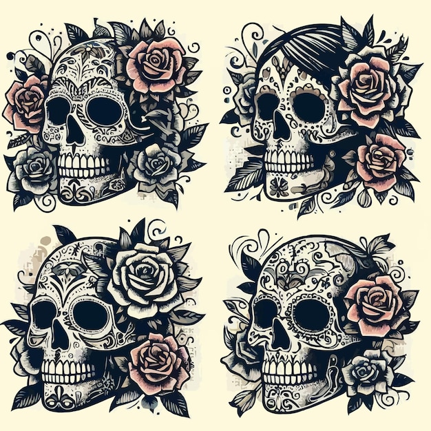 Vector a collection of skulls and roses