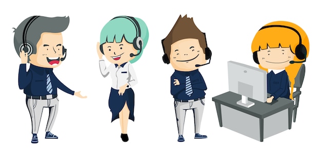 Collection of Smiling male and female operator with headset working at call center