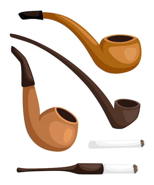 Collection of smoking pipes. Retro tobacco pipes with cigarette holder.  illustration  on white background. Website page and mobile app 