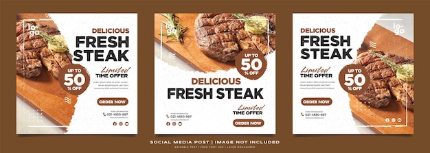 Collection social media post for steak restaurant promotion with premium vector