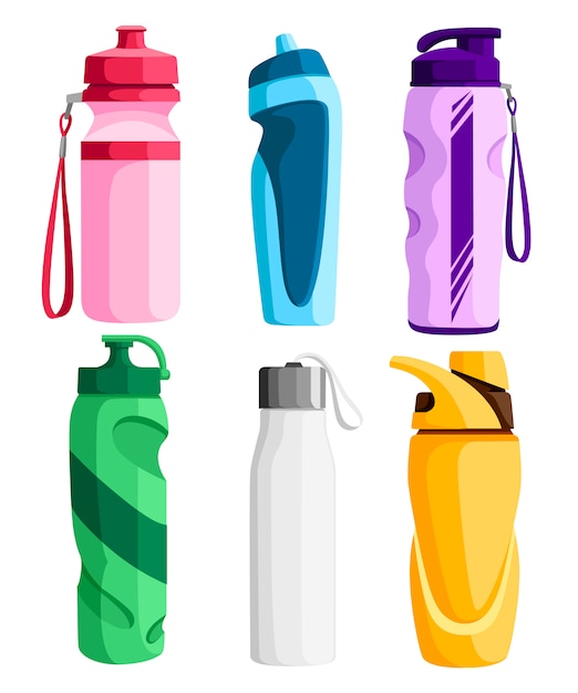 Collection of sport bottles. Bicycle plastic bottle. Outdoor activities. Different forms of water containers.  illustration  on white background