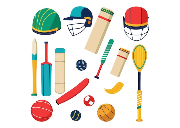 a collection of sports equipment including a ball and a hat