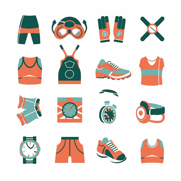 a collection of sports equipment including a pair of orange shorts