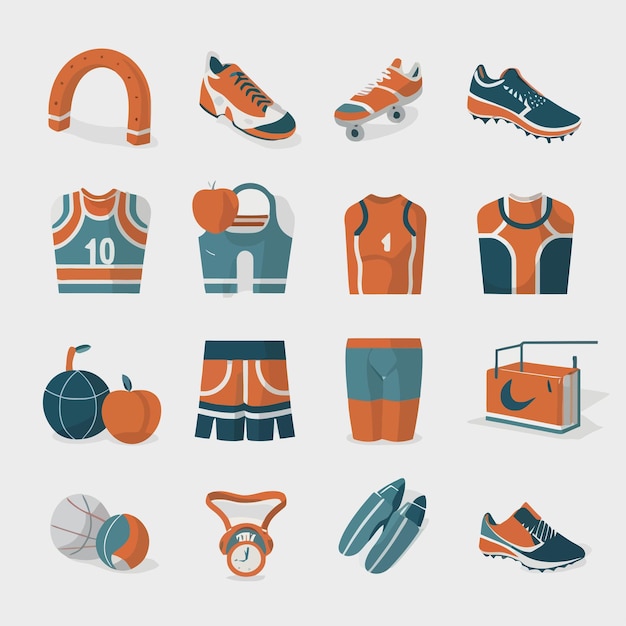 a collection of sports equipment including a pair of shoes and a jersey