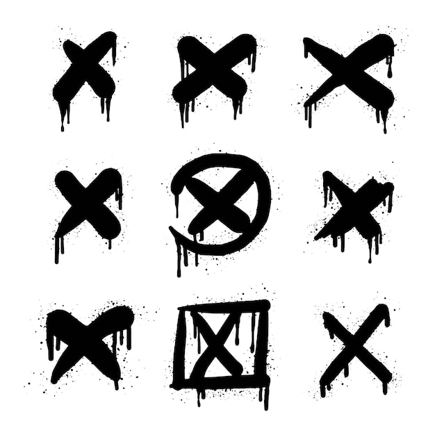 Collection of Spray painted graffiti check mark in black over white X drip symbol isolated on white background vector illustration