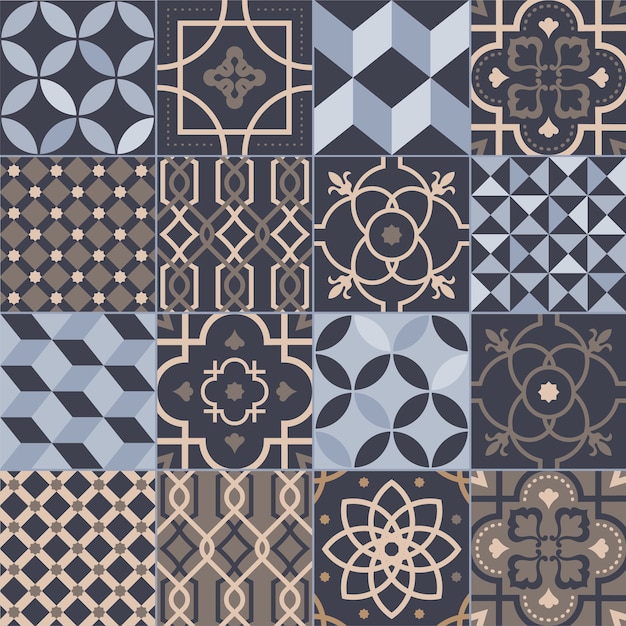 Collection of square ceramic tiles with various geometric and traditional oriental patterns