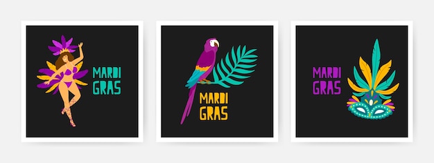 Collection of square Mardi Gras cards decorated by exotic parrot sitting on branch of tropical tree, dancer, festive mask