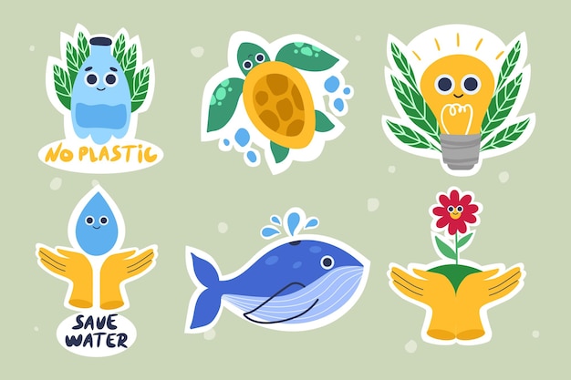 collection of stickers environment protection stop plastic zero waste