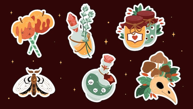 A collection of stickers for halloween including a bottle of potion, a bottle of poison, a bottle of poison, a bottle of poison, and a bunch of other items.