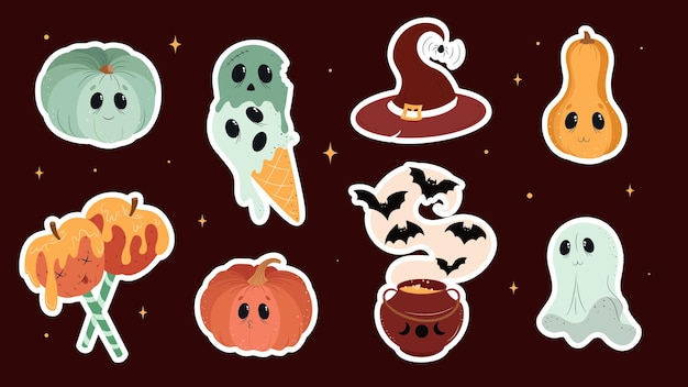 A collection of stickers for halloween including pumpkins, bats, pumpkins, and bats.