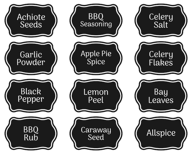 Collection of stickers or labels for jars of spices .Set of 12 vector stickers with names of spices.