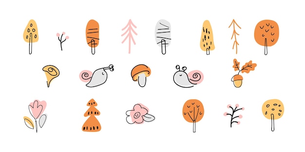 Collection of stickers trees mushrooms snail flower Forest plants icons