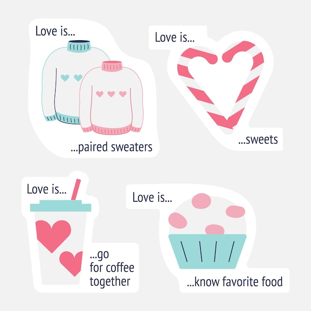 Collection of stickers for Valentine's Day February 14th What is love? Paired sweaters. Heart quotes