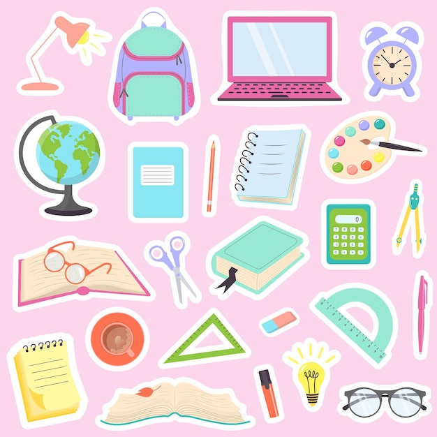 Collection of stickers with school supplies and stationery Scrapbooking elements