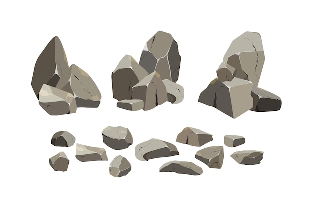 Collection of stones of various shapes and plantsCoastal pebblescobblestonesgravelminerals and geological formationsRock fragmentsboulders and building materialVector illustration