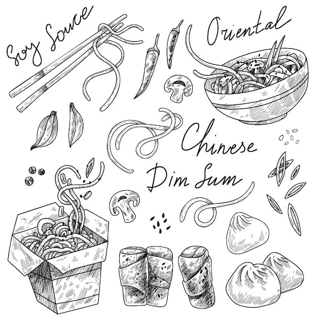 Collection of street Chinese food, noodles, dumplings in sketch style.