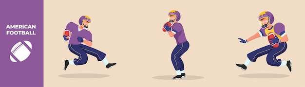 Collection of styles for American football players holding the ball and using a helmet in playing American football concept Colored flat graphic vector illustration isolated