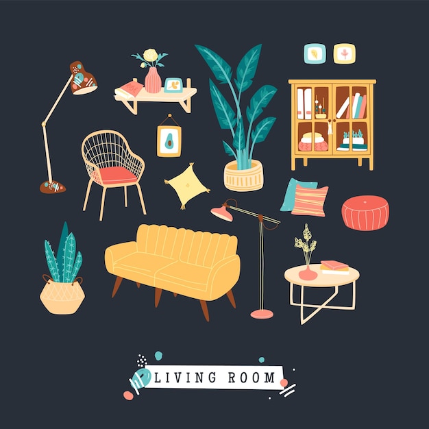 Collection of stylish comfy furniture and home decorations Bundle of cozy furnitures icons