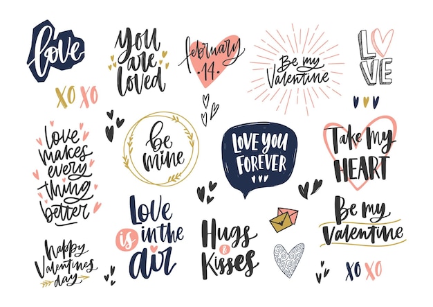 Collection of stylish Valentine's day letterings with various phrases, quotes and holiday wishes decorated by hearts isolated on white background. Colorful modern festive vector illustration.