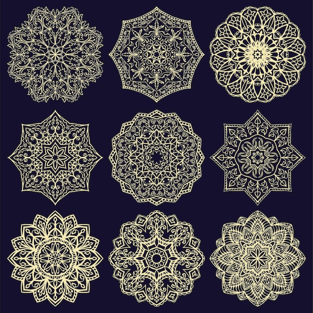 Collection of stylized snowflakes Set of mandalas Template for embroidery Vector ethnic ornaments