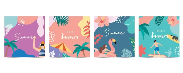 Collection of summer background set with palmcoconut treeseabeachHello summer