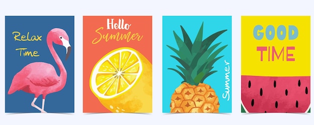 Collection of summer background set with pineappleflamingowatermelonEditable vector illustration for invitationpostcard and website banner