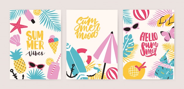 Vector collection of summer card or flyer templates with decorative summertime lettering and tropical exotic paradise beach attributes. colorful creative seasonal illustration in flat cartoon style.