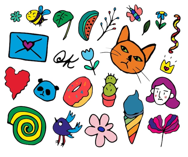 Collection of summer doodle hand drawn stickers