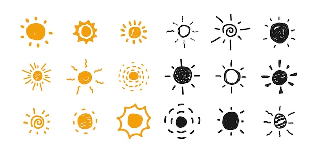 Collection of Sun icons in handdrawn cartoon style Vector illustration.