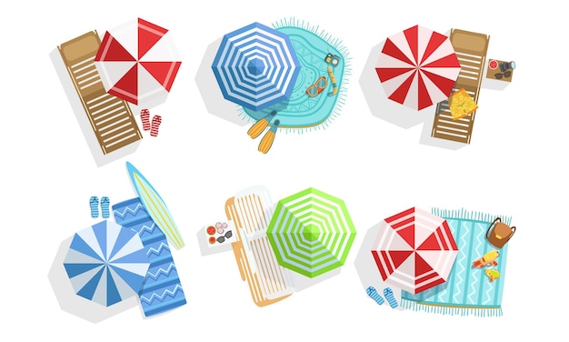 Collection of Sunny Parasols Chaise Lounges and Towels Summer Beach View From Above Vector Illustration