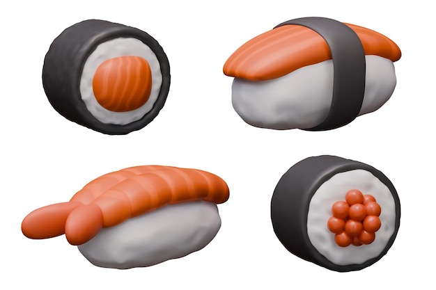 Vector collection of sushi and nigiri with salmon tuna shrimp red caviar