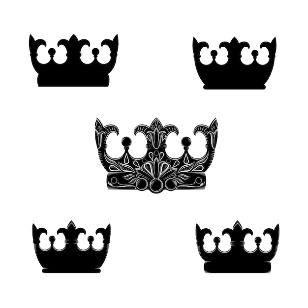 Collection of symbols of the royal crown in vintage style with engraving and floral ornament