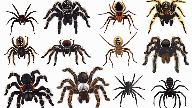 Collection of Tarantula Spiders on White Background Vector Illustration