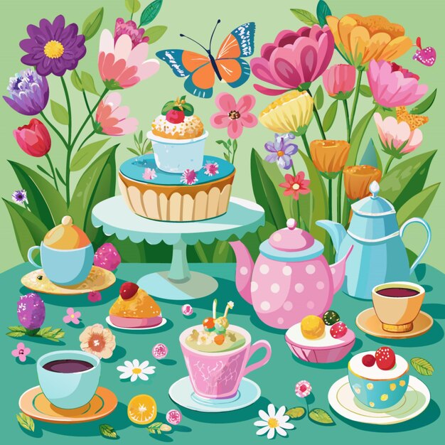 a collection of teacups cakes and flowers