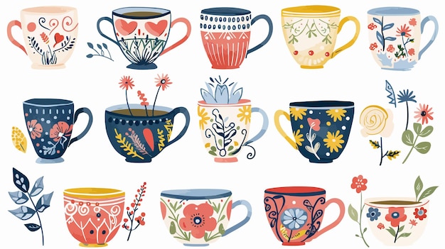 a collection of teacups with flowers and flowers