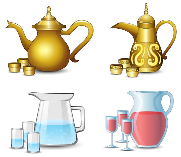 Collection of the teapot with cups on white background