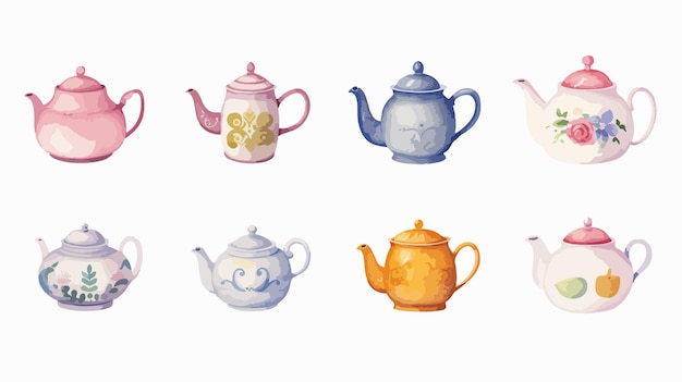 Collection of Teapots and Teacups on White Background